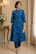 BLUE FLORAL PRINT MANDARIN COLLAR A-LINE KURTI