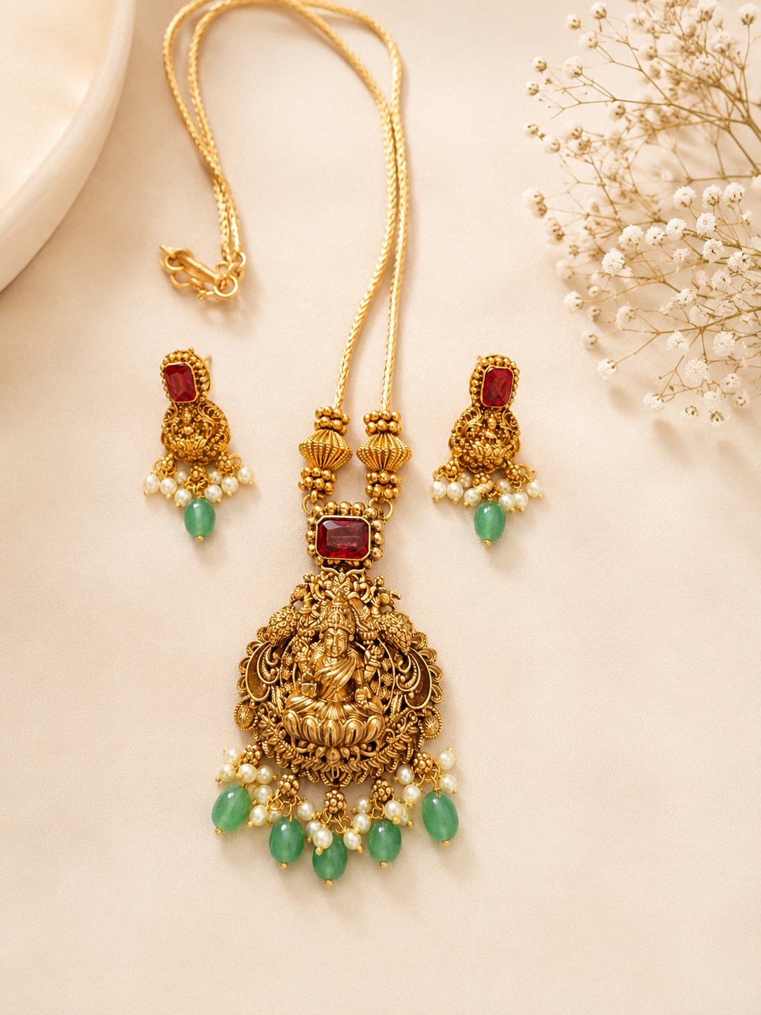 Temple Jewelry Gold Necklace Set with Lakshmi Pendant, Red Stones & Green Beads