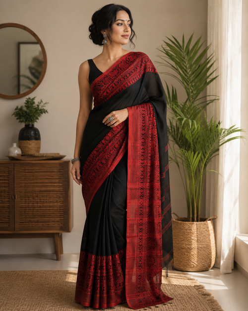 AUTHENTIC BEGAMPUDI BLACK AND RED COTTON SAREE