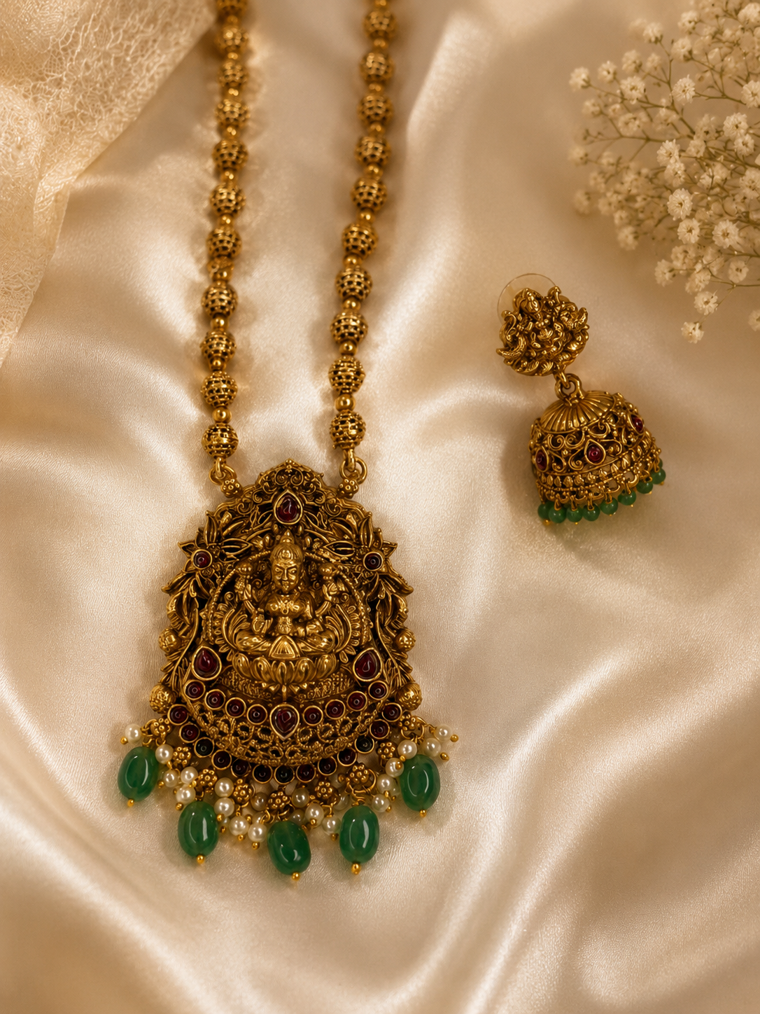 Antique Lakshmi Temple Necklace Set with Green Beads & Jhumka Earrings