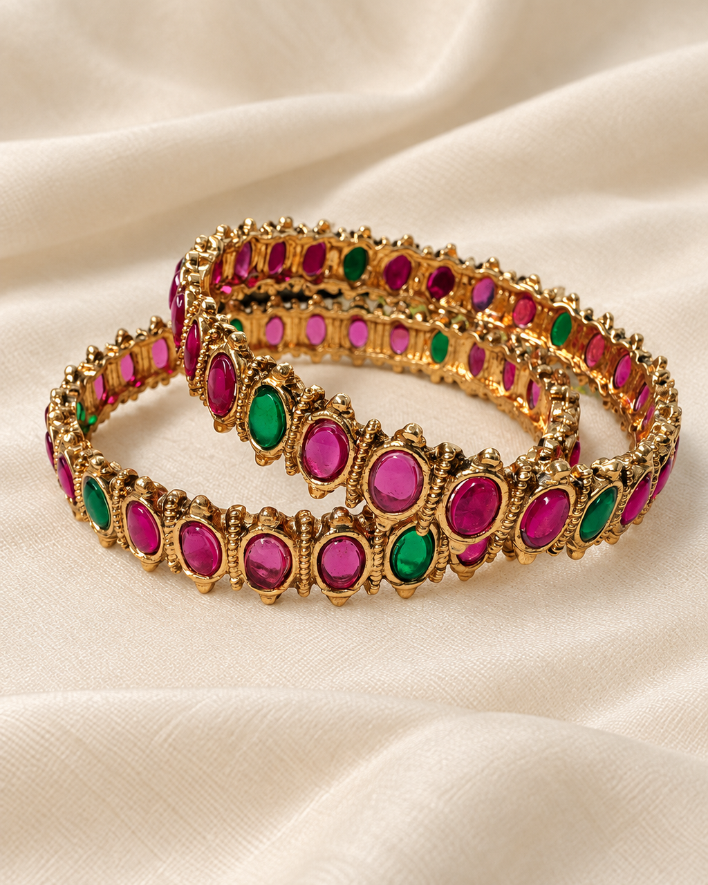 Gold-Tone Bangles with Pink and Green Stones
