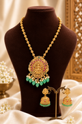 Antique Gold Lakshmi Temple Jewelry Set with Pink Stones & Green Beads