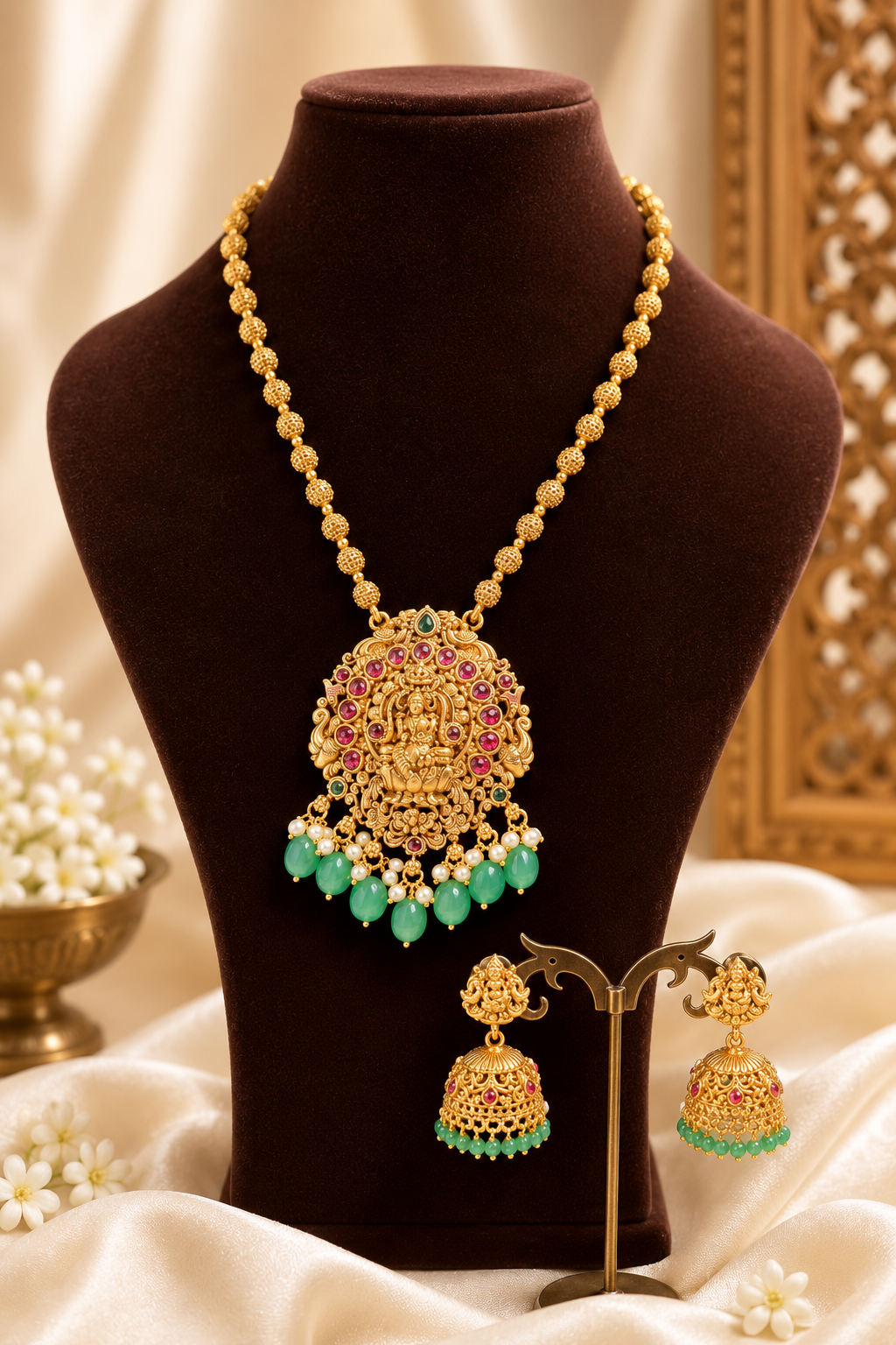Antique Gold Lakshmi Temple Jewelry Set with Pink Stones & Green Beads