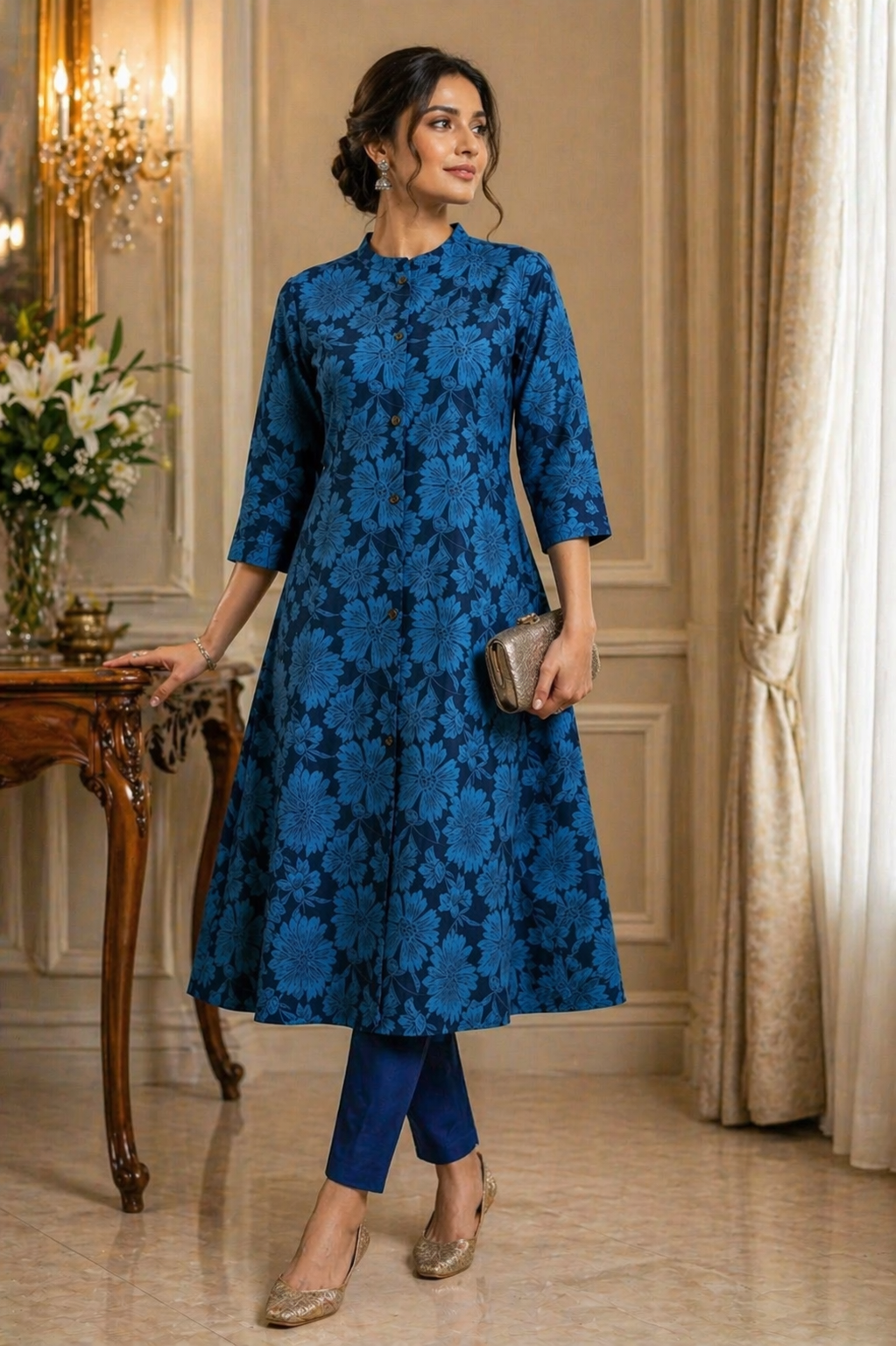BLUE FLORAL PRINT MANDARIN COLLAR A-LINE KURTI