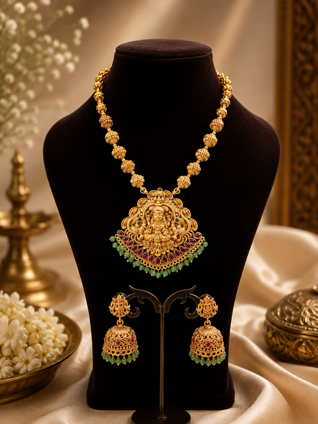 Antique Gold-Plated Necklace & Jhumka Earrings