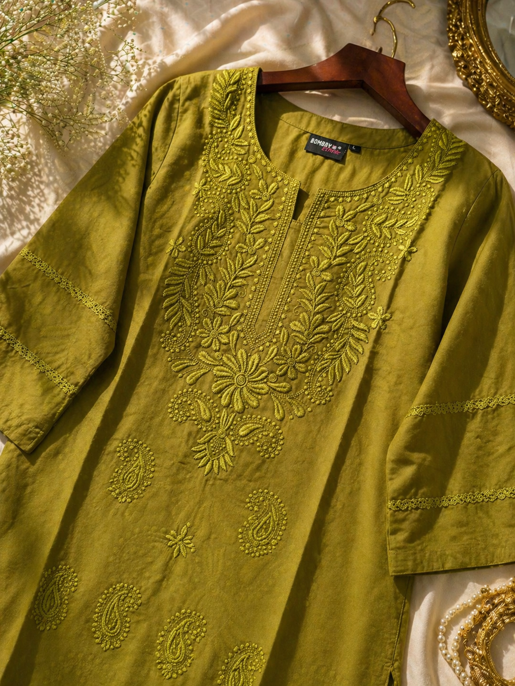 Olive Green Chikankari Kurta for Women