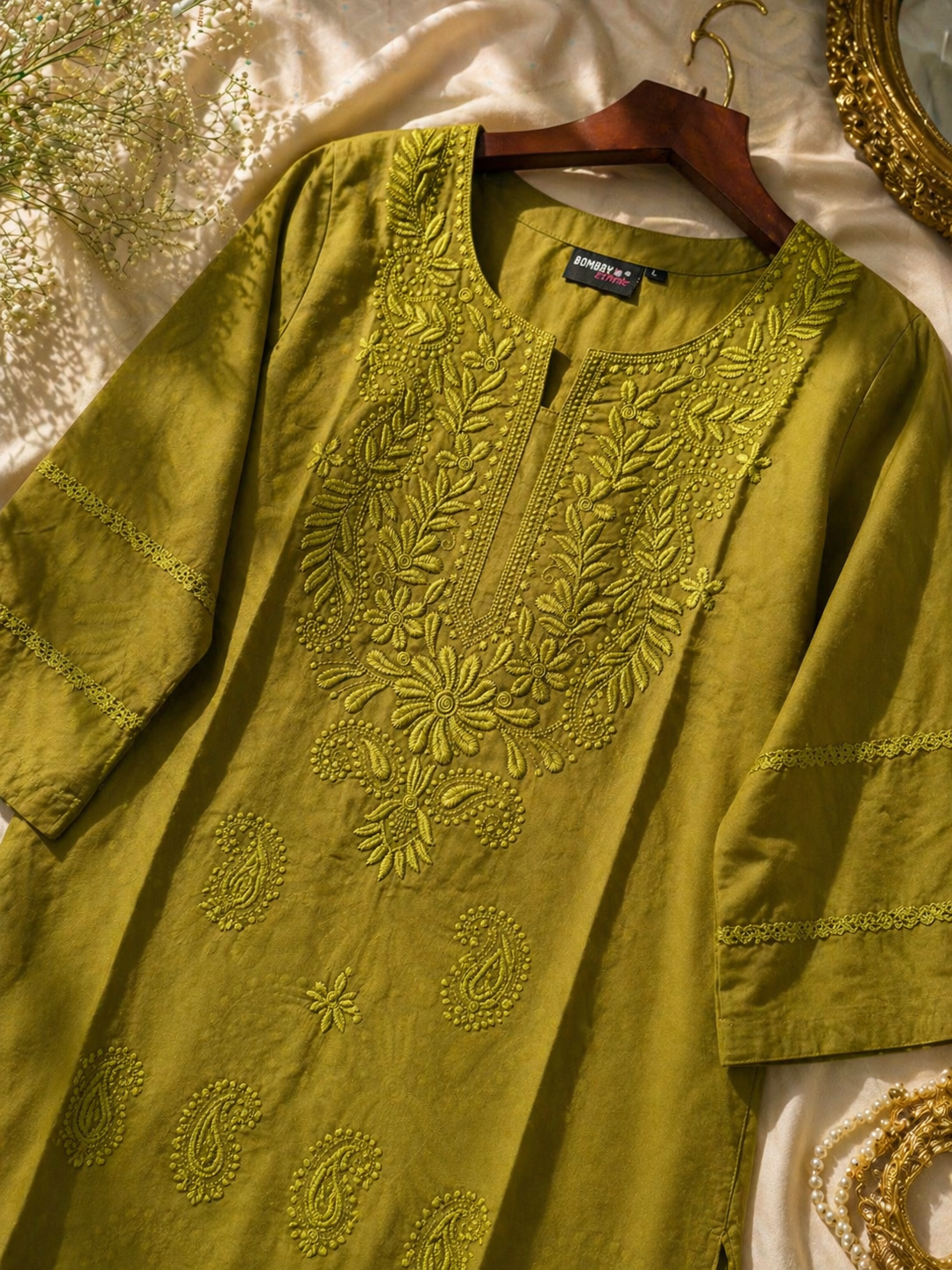 Olive Green Chikankari Kurta for Women