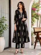Black Cotton A-Line Kurta Pant Set for Women