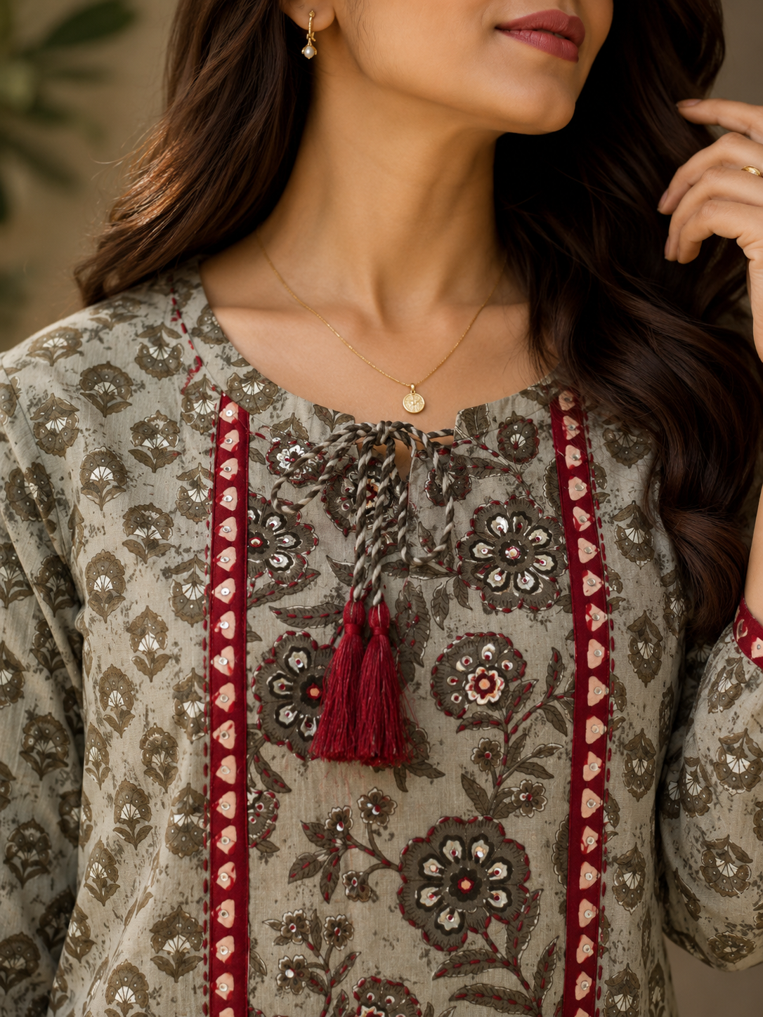 Grey Printed Cotton Kurta Set with Embroidered Neckline & Tassel Detail