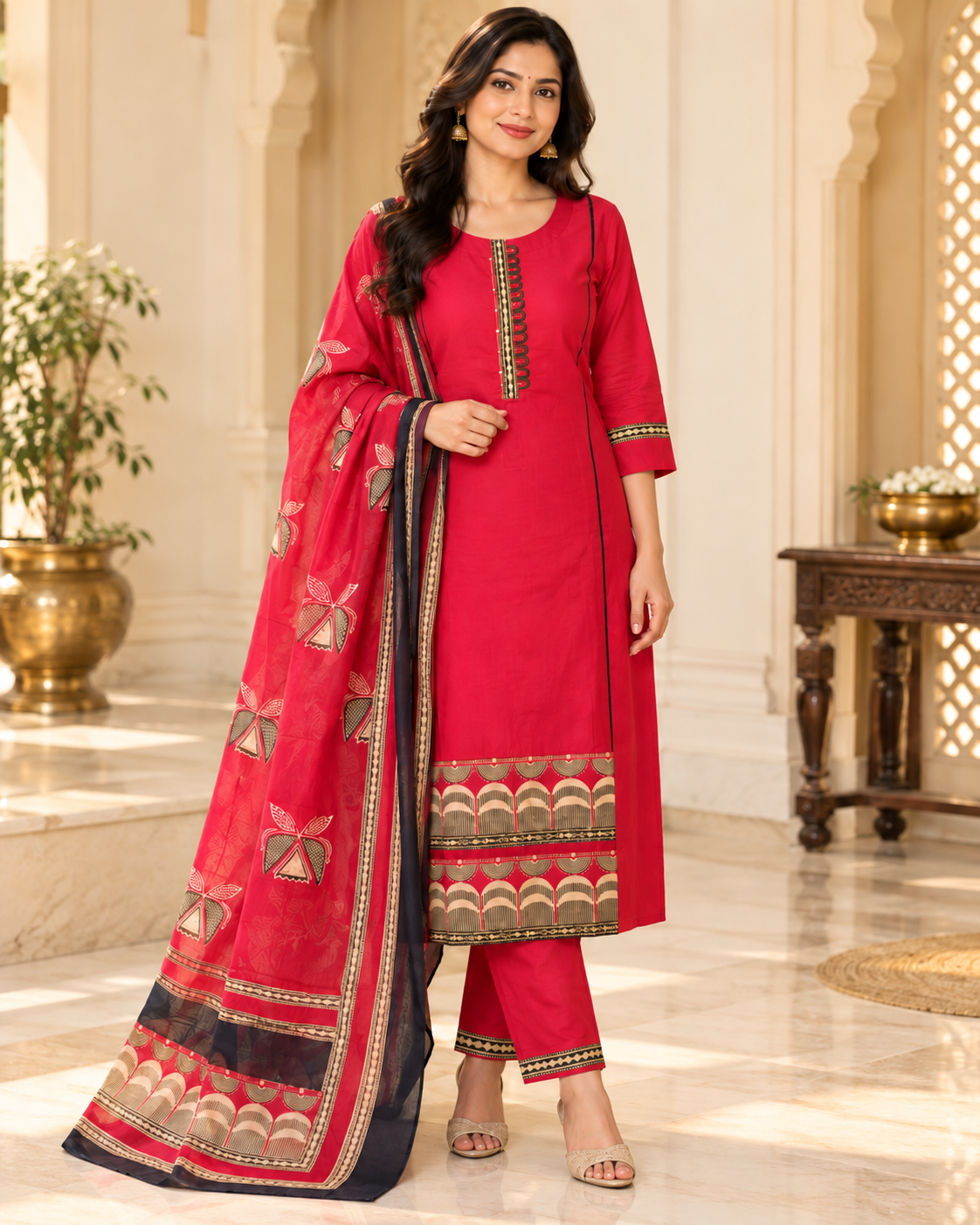 Women’s Geometric Print Kurta Set with Trousers & Dupatta