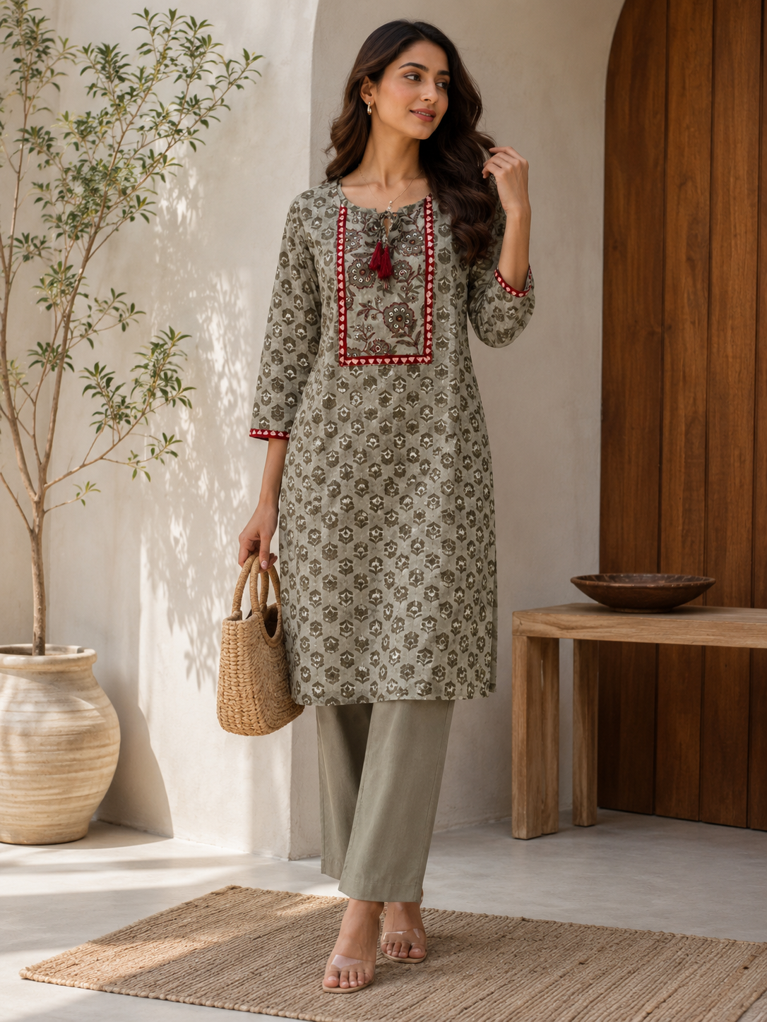 Grey Printed Cotton Kurta Set with Embroidered Neckline & Tassel Detail