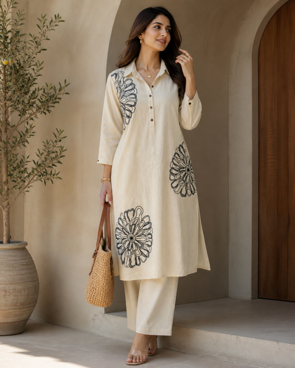 Elegant Beige Floral Embroidered  Khadi Cotton cord set for Women
