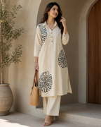 Elegant Beige Floral Embroidered  Khadi Cotton cord set for Women
