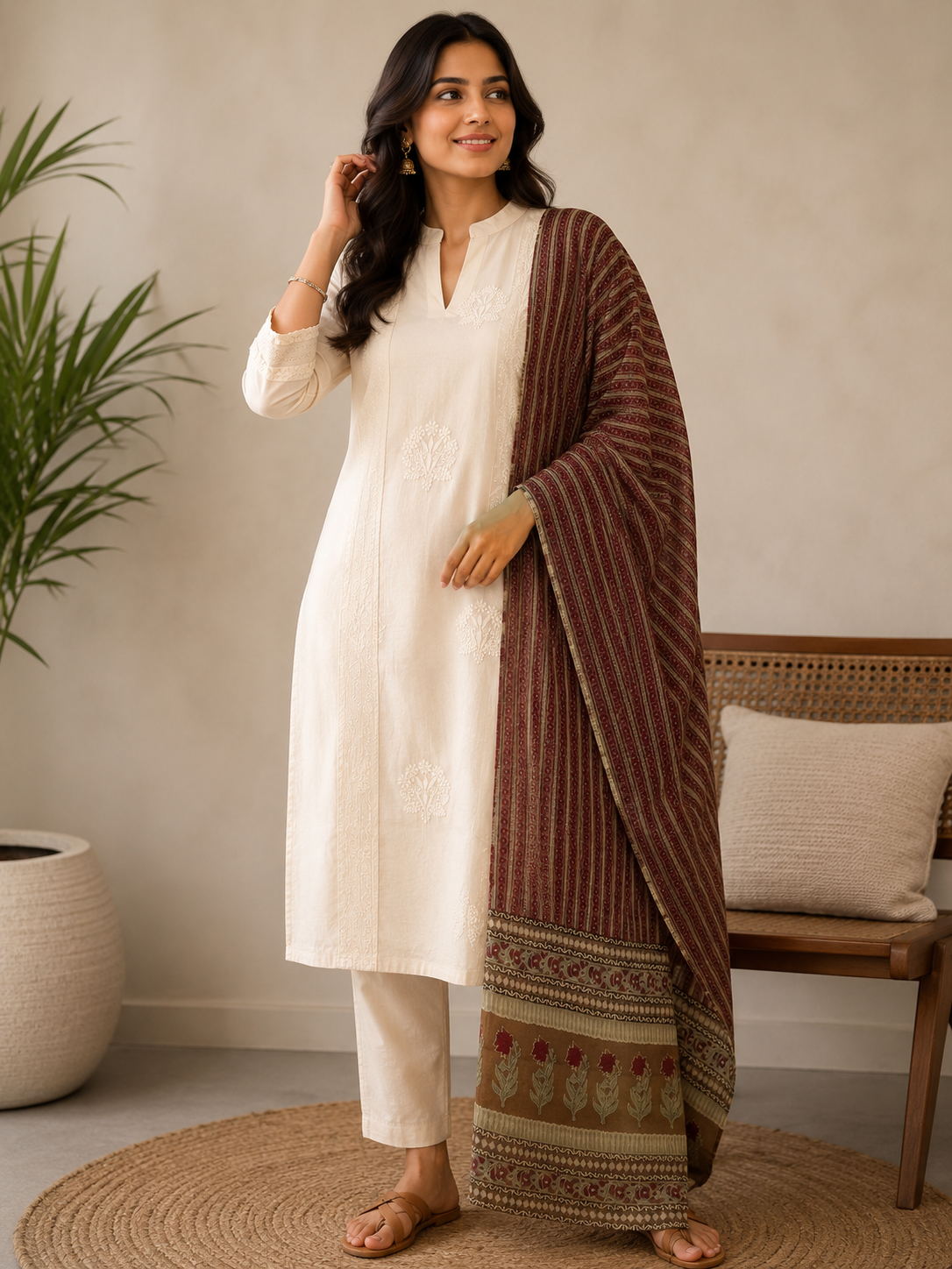 Off-White Embroidered Kurta Set with Printed Dupatta