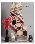 Cream, Burgundy & Black Block Print Unstitched Suit Set with Dupatta