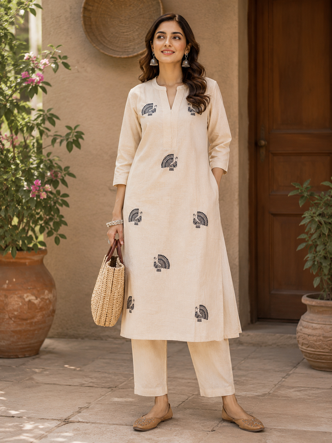 Handcrafted Khadi Cotton Peacock Motif Co-ord Set