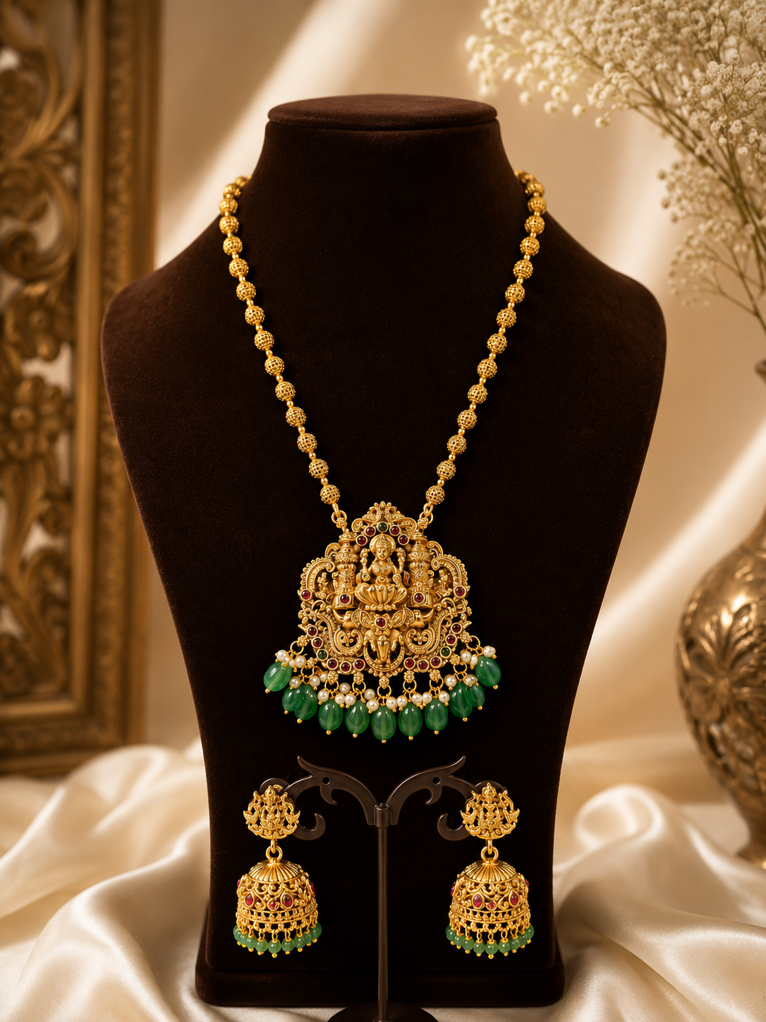 Premium Lakshmi Temple Necklace Set with Green Beads