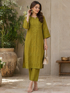 Olive Green Chikankari Kurta for Women