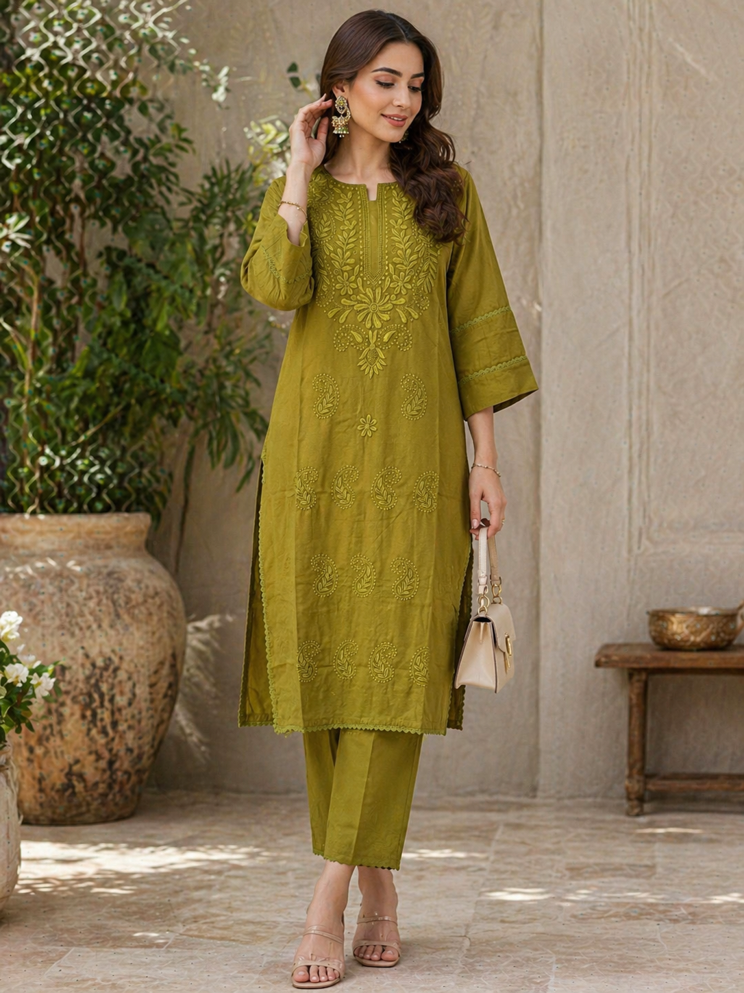 Olive Green Chikankari Kurta for Women