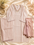Women's Blush Pink Cotton Striped Kurta Set with Dupatta