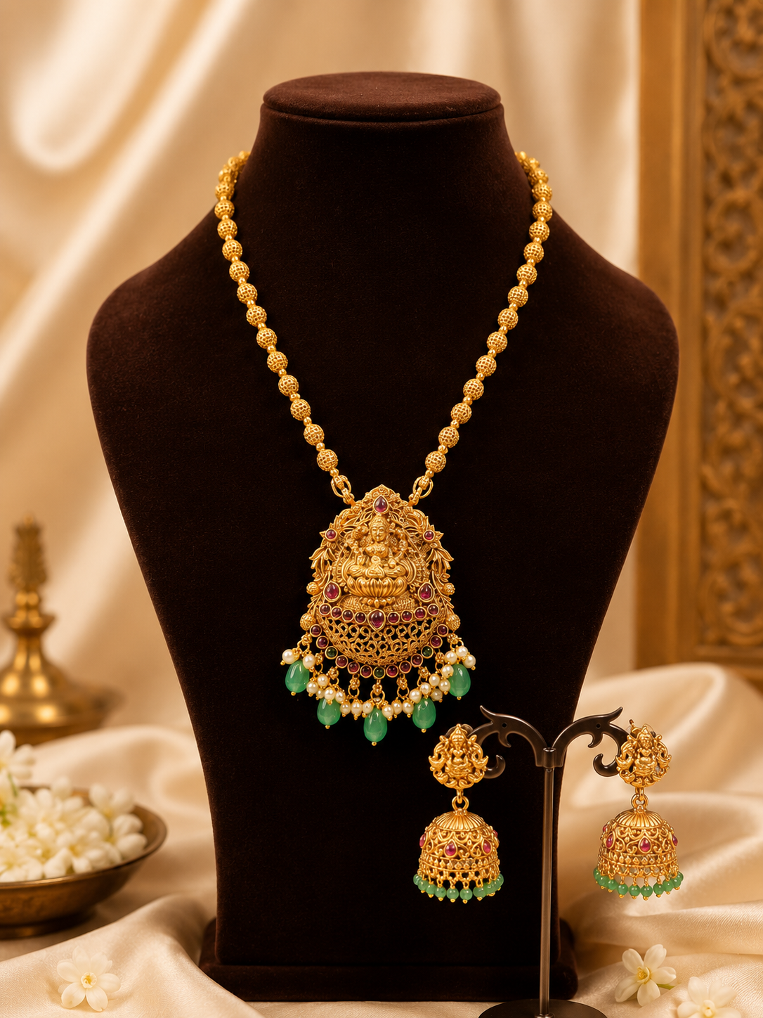 Antique Lakshmi Temple Necklace Set with Green Beads & Jhumka Earrings