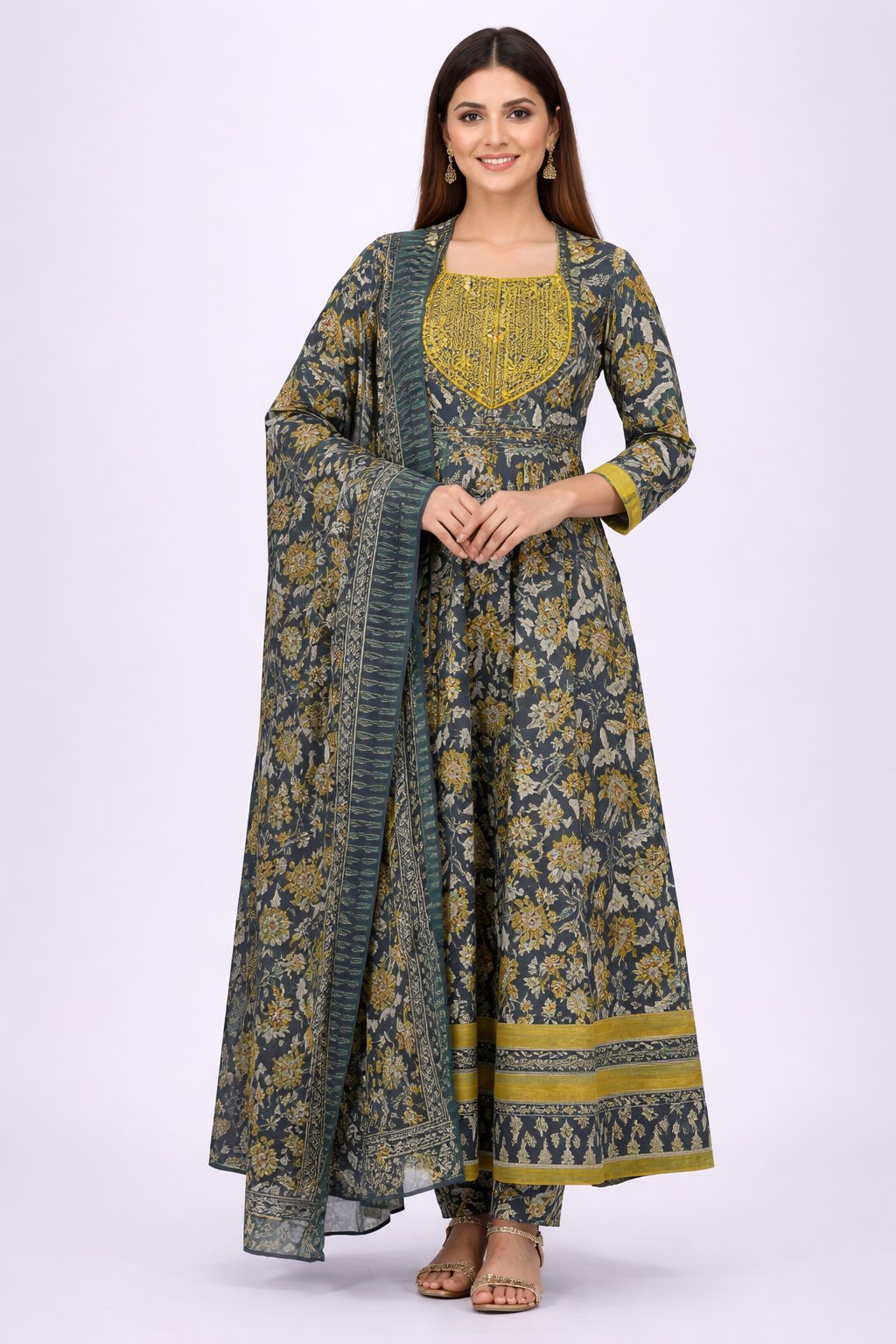 FLARED ANARKALI SET FLORA GREEN