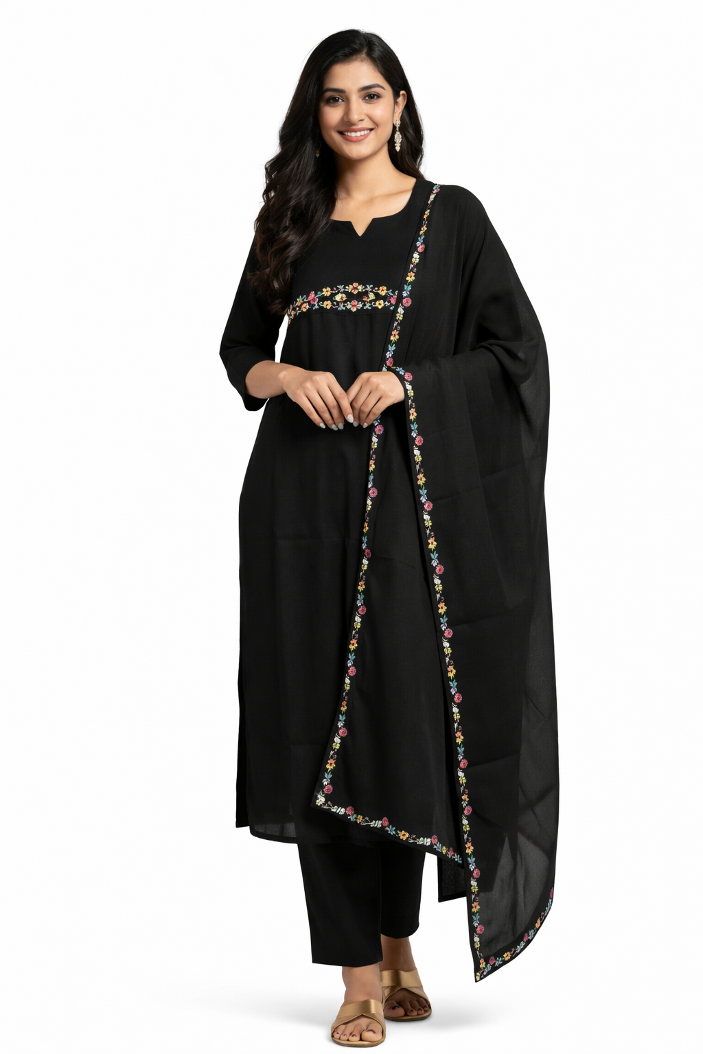 BLACK FLORAL EMBROIDERED ANARKALI SUIT SET