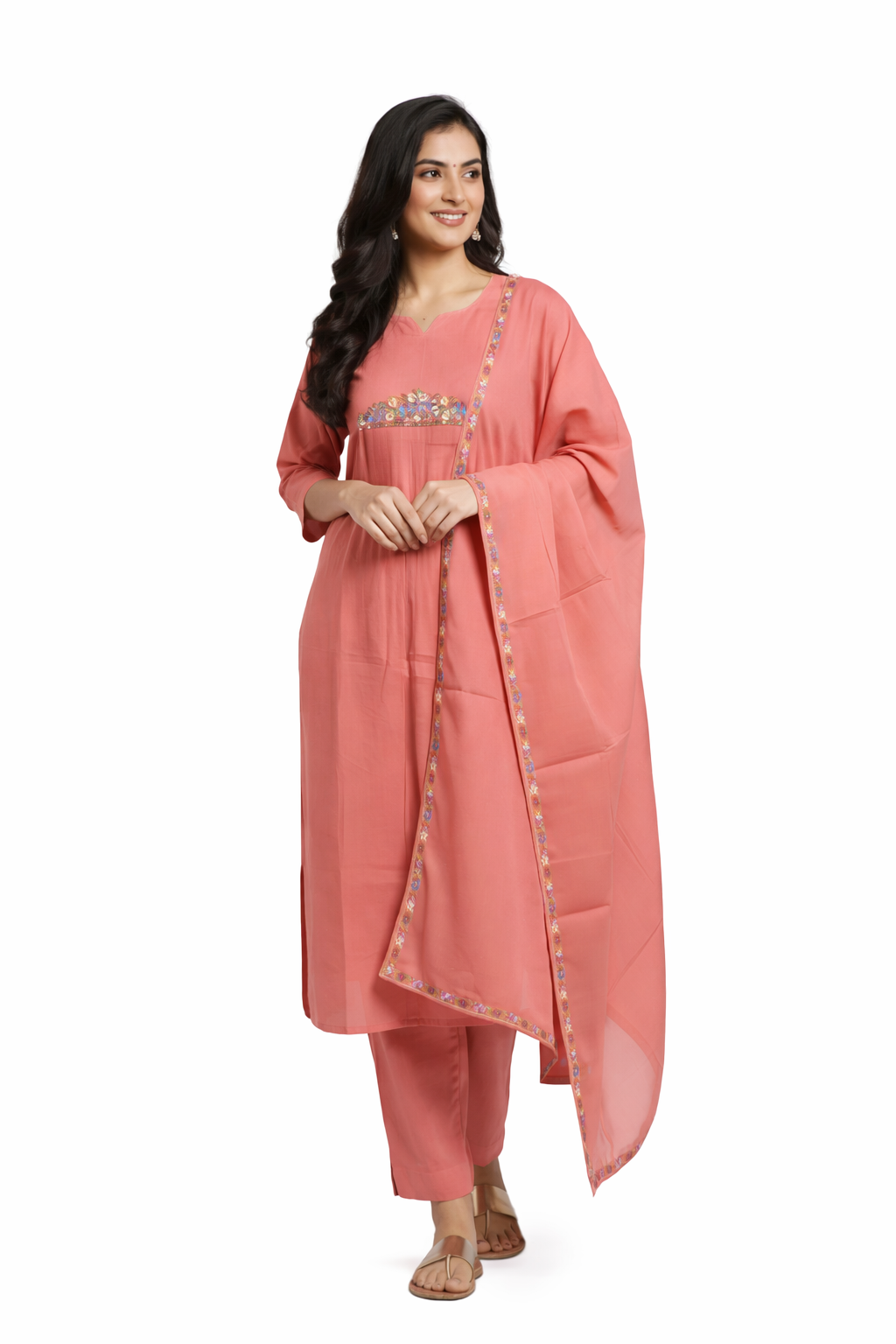 PEACH FLORAL EMBROIDERED ANARKALI SUIT SET