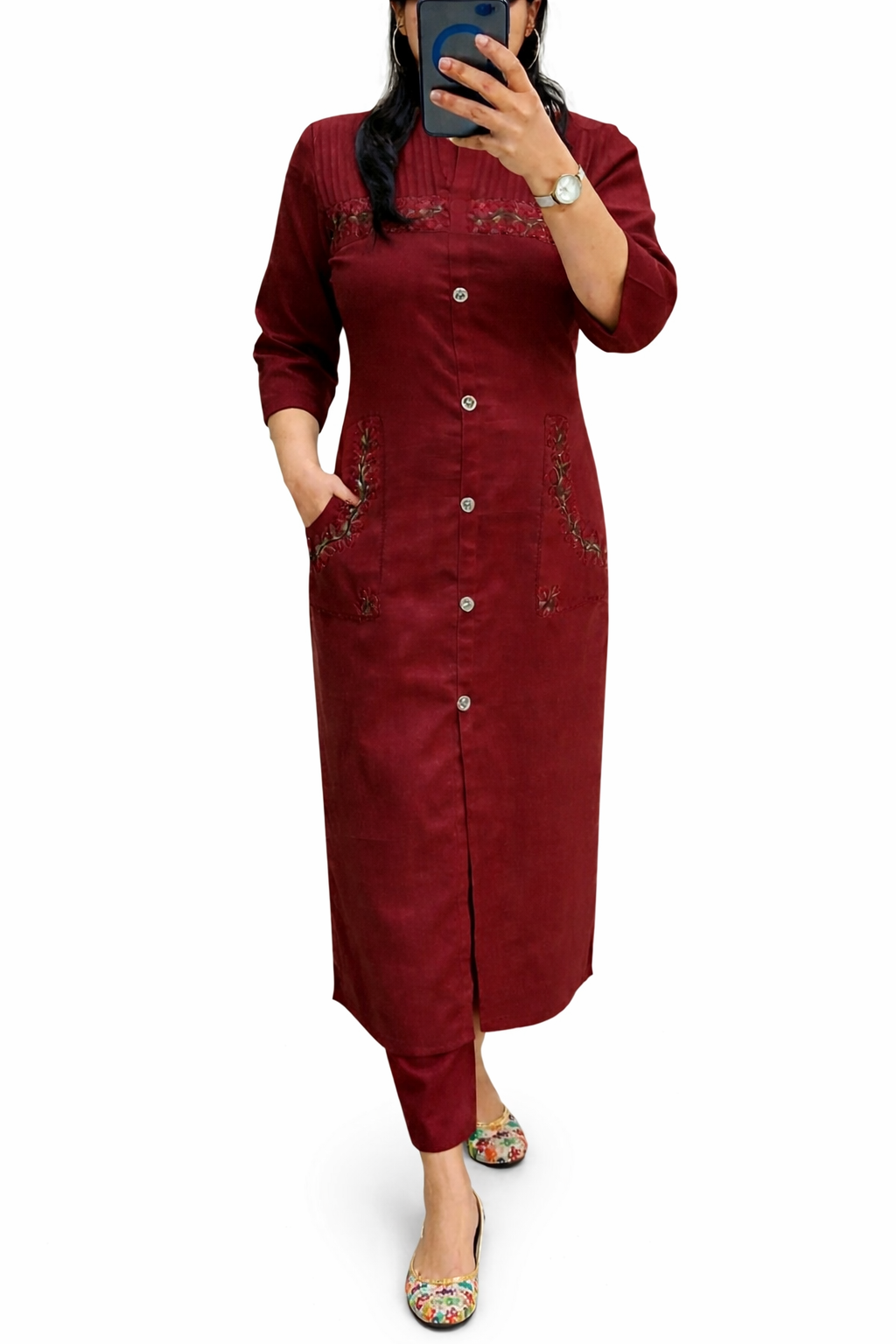 MAROON BUTTON DOWN CORD SET WITH EMBRIODERY