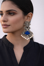 PEACOCK BLUE STONE OXIDIZED EARRING