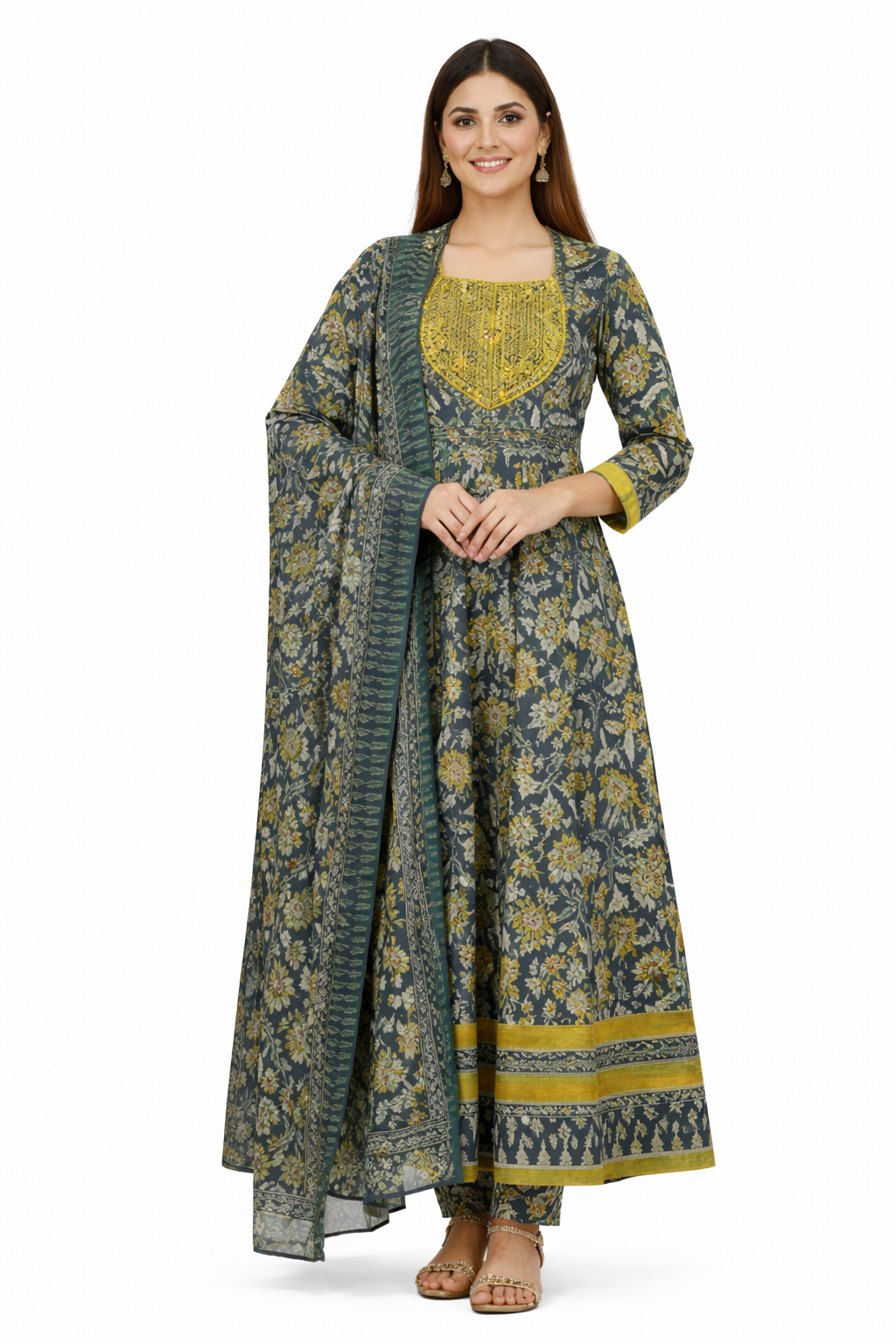 FLARED ANARKALI SET FLORA GREEN