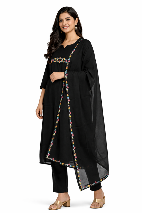 BLACK FLORAL EMBROIDERED ANARKALI SUIT SET
