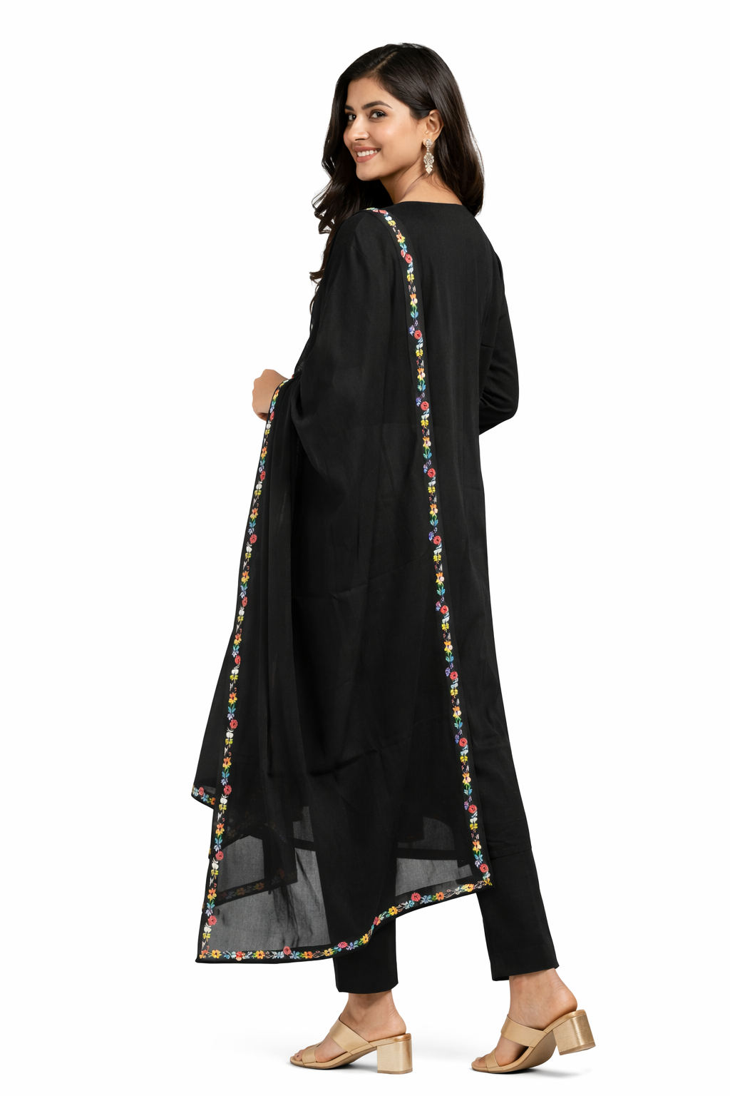 BLACK FLORAL EMBROIDERED ANARKALI SUIT SET