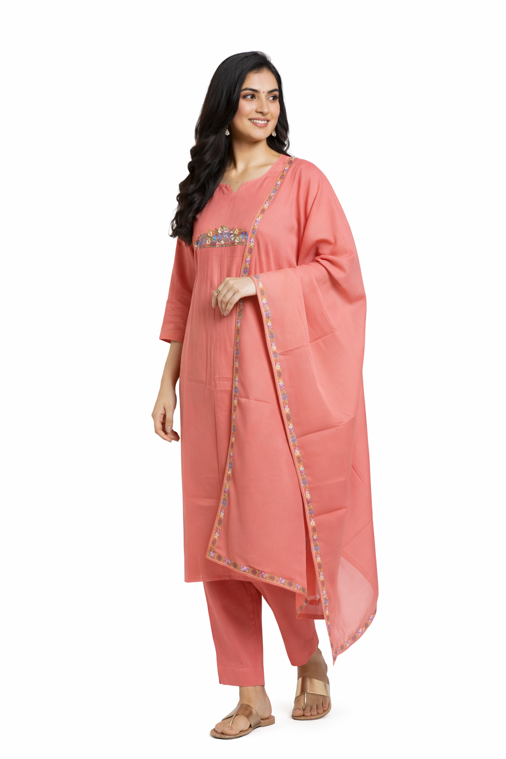 PEACH FLORAL EMBROIDERED ANARKALI SUIT SET