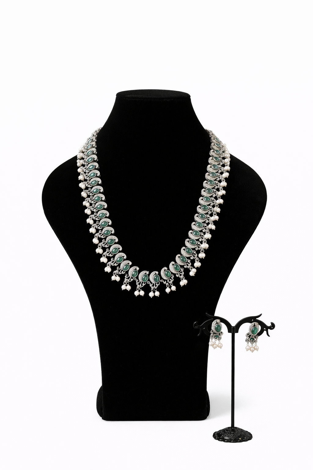 Emerald Green Stone Oxidized Silver Necklace Set with Pearl Drops