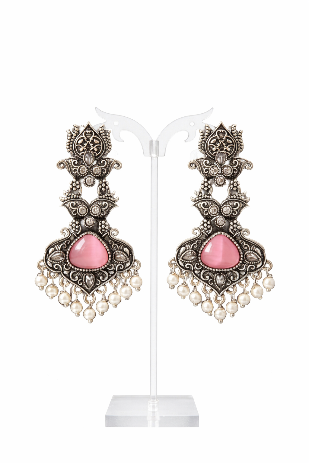 OXIDIZED EARRING WITH PINK STONE