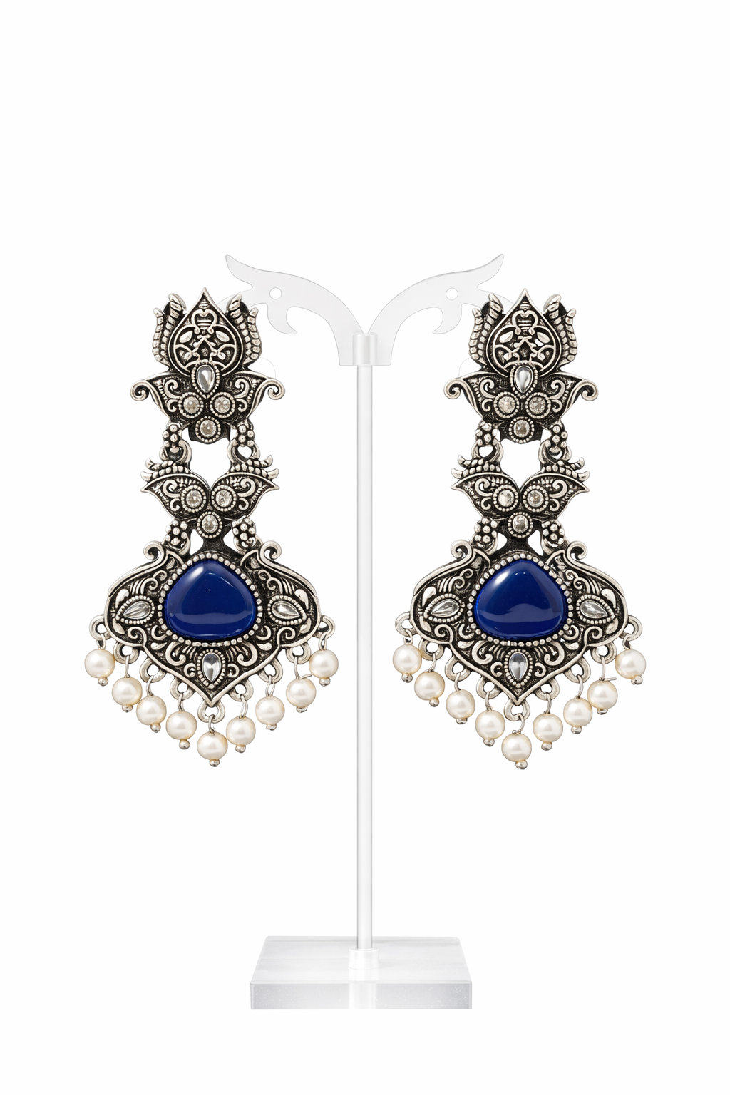 PEACOCK BLUE STONE OXIDIZED EARRING