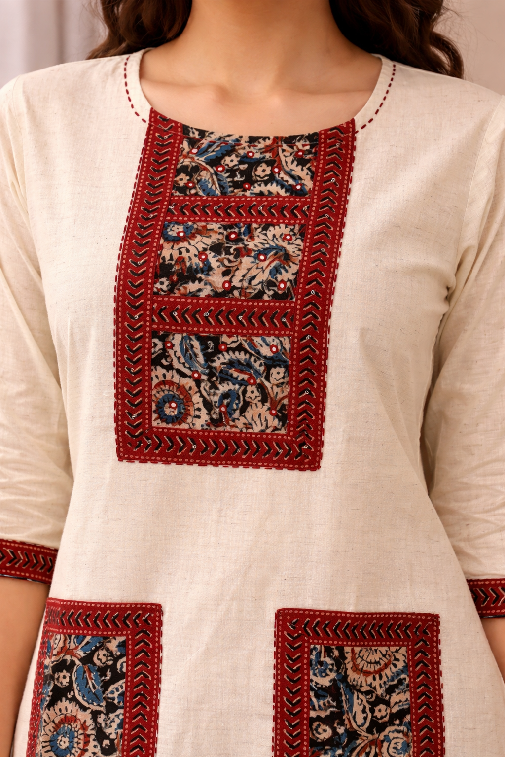 KHADI KURTA TOP WITH KALAMKARI PANELS