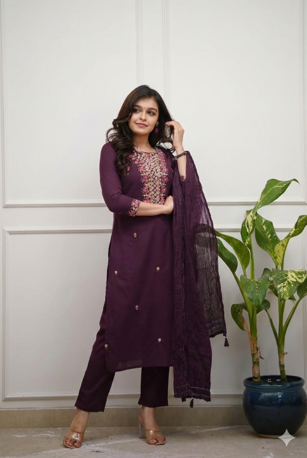 WINE COLORED ETHNIC KURTA SET WITH DUPATTA
