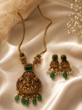 Antique Goddess Motif Temple Necklace Set with Emerald Green Stones
