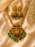 Antique Gold Lakshmi Temple Jewelry Set with Pink Stones & Green Beads