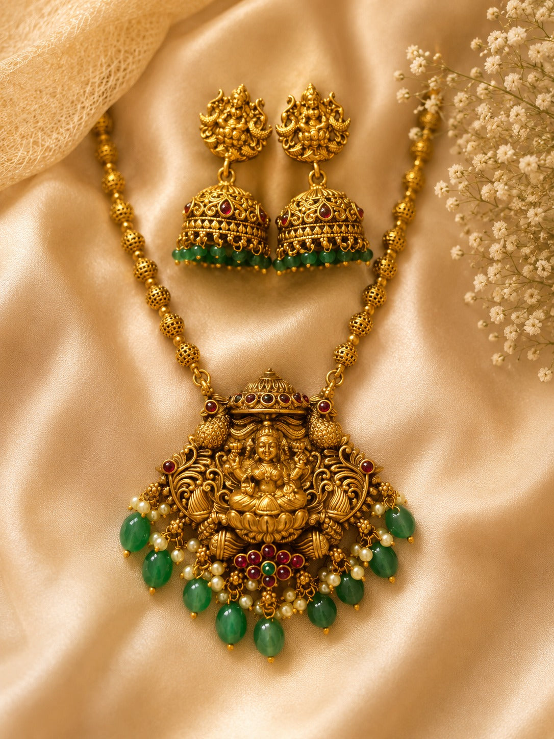 Antique Gold Lakshmi Temple Jewelry Set with Pink Stones & Green Beads