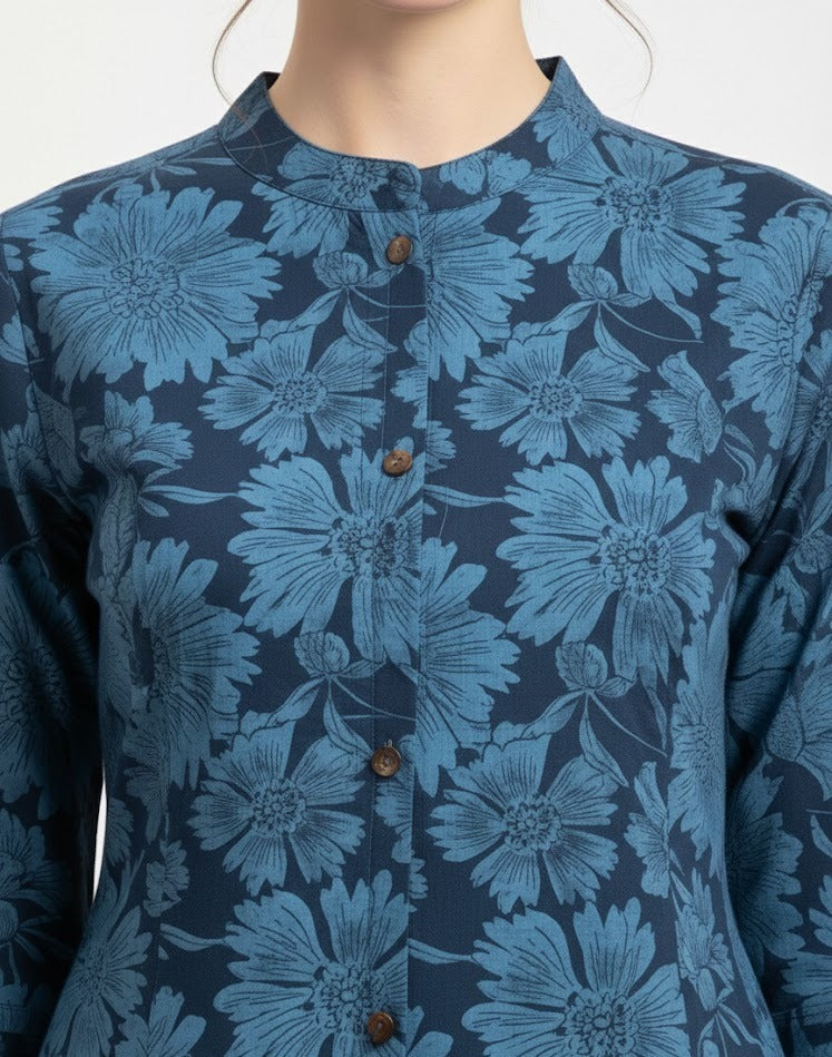 BLUE FLORAL PRINT MANDARIN COLLAR A-LINE KURTI