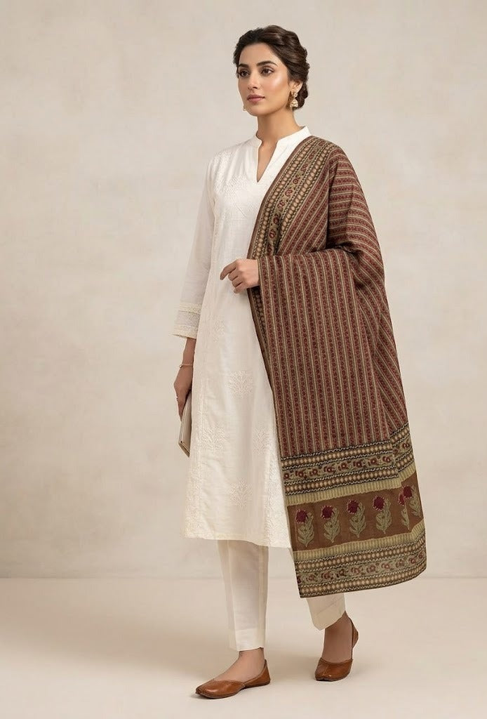 Off-White Embroidered Kurta Set with Printed Dupatta