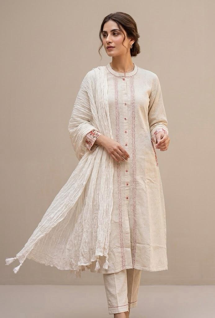 Elegant Off-White Cotton Kurta with Floral Embroidery