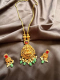 Temple Jewelry Gold Necklace Set with Lakshmi Pendant, Red Stones & Green Beads