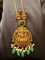 Antique Gold Lakshmi Temple Necklace with Green Stone & Bead Drops