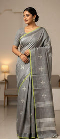 Grey Linen Saree with Subtle Floral Weave