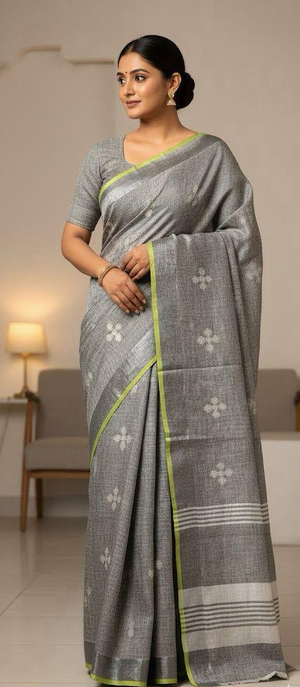 Grey Linen Saree with Subtle Floral Weave