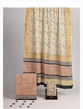 Beige & Brown Block Print Pure Cotton Unstitched Suit Set with Mulmul Dupatta